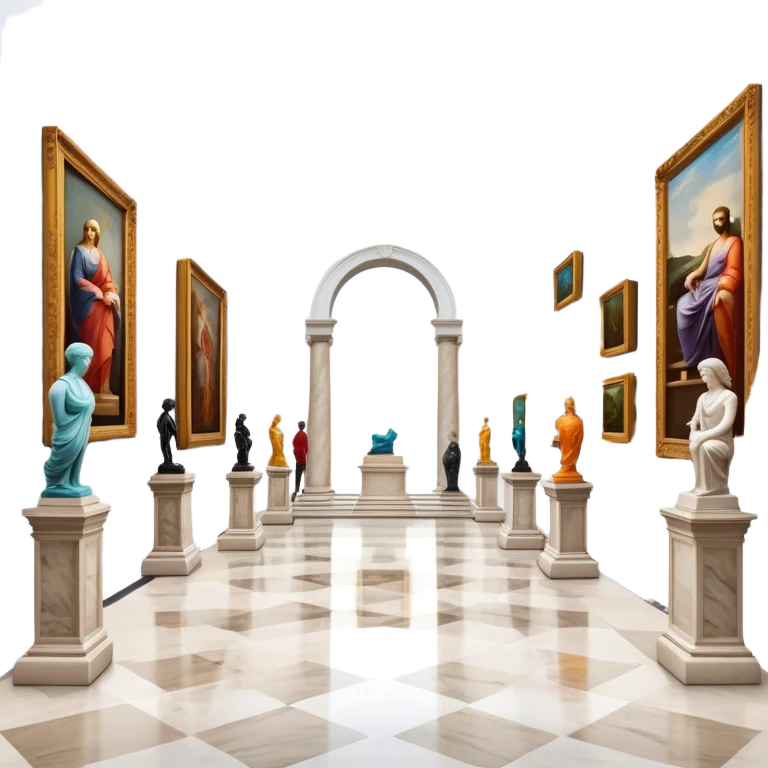 An icon featuring an elegant art gallery with classic paintings hanging on the walls, and sculptures displayed on pedestals. Visitors admire the exhibits, capturing the essence of culture, history, and art. Set against a transparent background. emoji