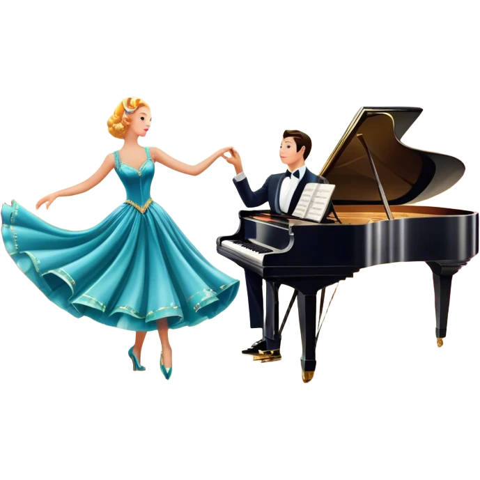 A vintage movie poster-style design featuring musical notes, a shining spotlight, and performers in glamorous costumes. Include elements like a dancing couple, a grand piano, and colorful stage lights. Retro cinematic flair with a lively and joyful atmosphere. Transparent background. emoji