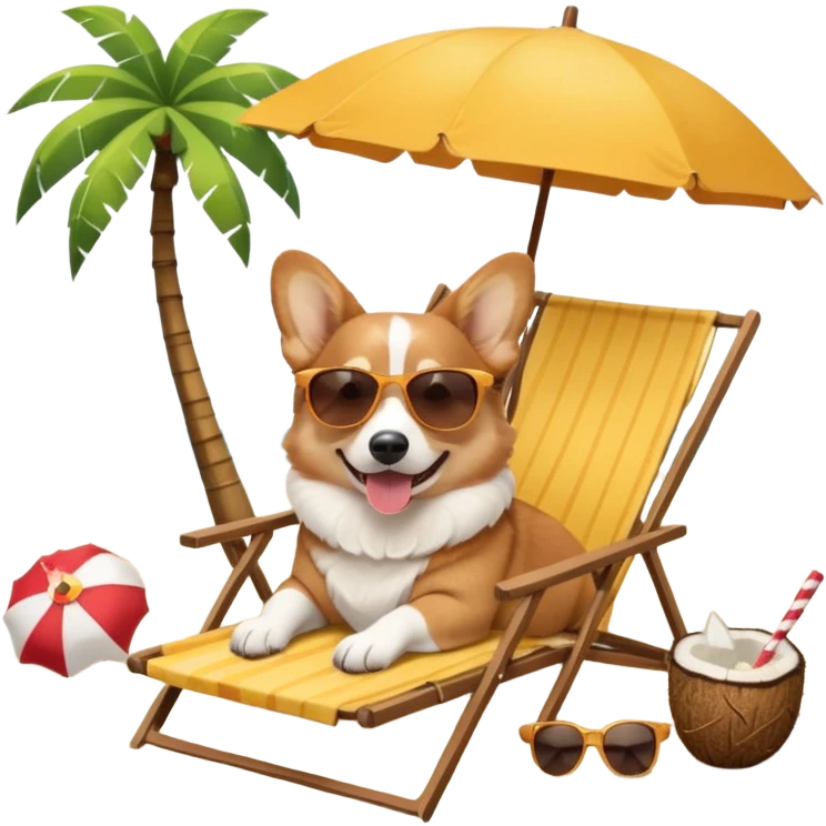a corgi dog laied on a beach chair, a sunny beach, a sun umbrella, and beach coconut trees. the icon should capture the essence of a relaxing beach vacation with a carefree atmosphere emoji