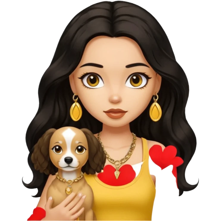 brown pretty bratz girl with long wavy black hair, wearing a yellow tank top with a dog emoji