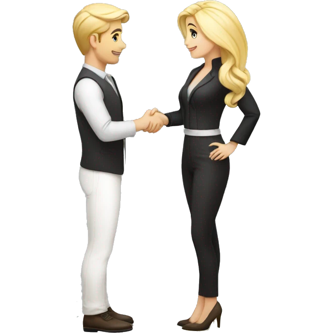 adult restaurant owner with white skin and blogger with white skin and blonde hair shaking hands in great detail and full height emoji