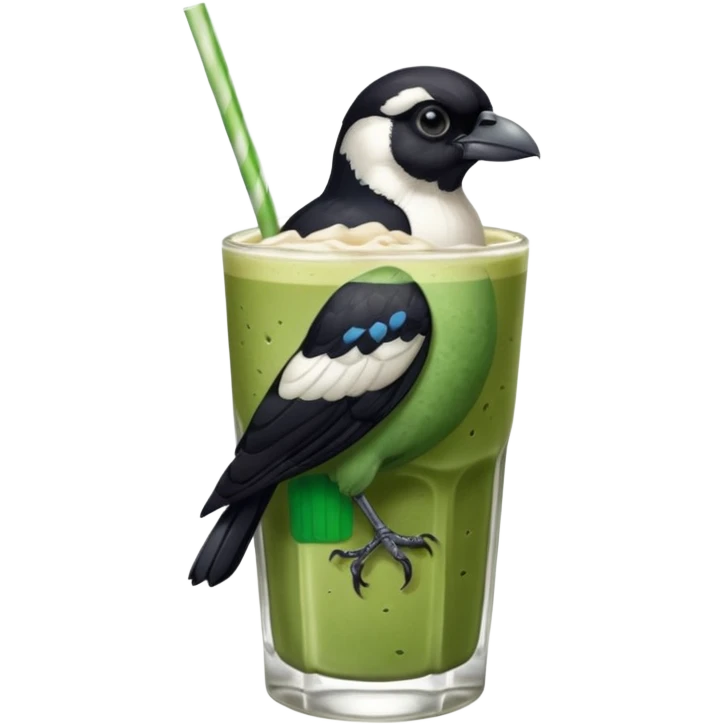 It’s an Australien Magpie sitting on an iced matcha latte on the edge of the glass. It has green matcha on its beak indicating it drank. The iced matxha latte is in a see through glass and white from the oat milk on the bottom and green on top…and there is a straw in the drink and ice cubes emoji