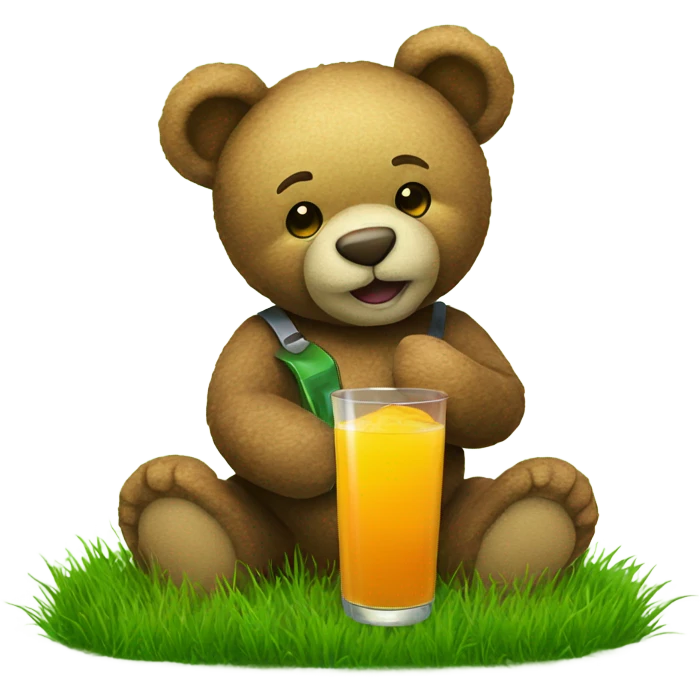 Teddy bear holding a glass of juice sitting on green grass emoji