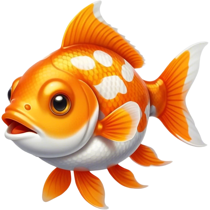 Cinematic Comical Orange and White Goldfish Portrait Emoji, Head tilted dramatically with an exaggeratedly amused expression, featuring a striking body with bold orange and white patterns, wide, expressive golden eyes filled with playful disbelief, Simplified yet hilariously expressive features, highly detailed, glowing with a slightly sassy glow, high shine, dramatic yet playful, stylized with an air of cheeky mischief, bright and endearing, soft glowing outline, capturing the essence of a spirited and over-the-top goldfish, so meme-worthy it feels like it could side-eye its way into internet fame instantly! emoji