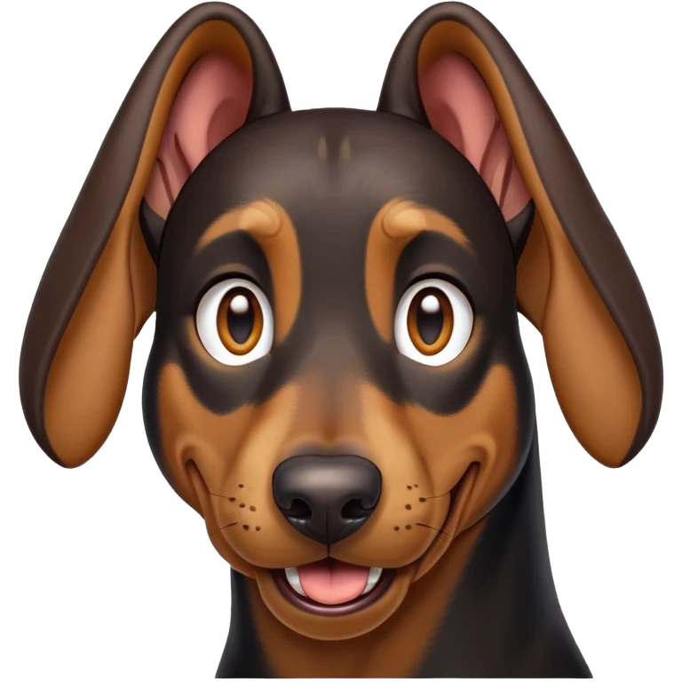 cinematic-comical-doberman-portrait-emoji,-head-tilted-dramatically-with-an-exaggeratedly-amused-expression,-featuring-a-vibrant-black and tan-fur-with-a-lively-sheen,-wide,-expressive-brown-eyes-filled-with-playful-disbelief, ears drooping down emoji