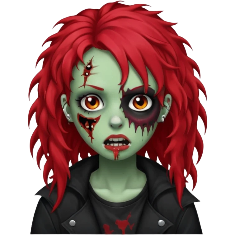 zombie girl red hair cacheado longo, com piercings na boca, nariz e sobrancelha,  roupa emo emoji