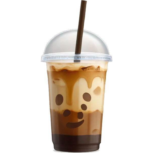Caramel iced coffee in a clear cup with straw and bamboo lid  emoji