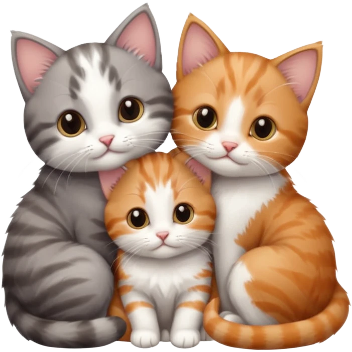 3 tiny kittens cuddling together all different colours, the first one is grey and white, the second is ginger and white and the third is brown tabby and white emoji
