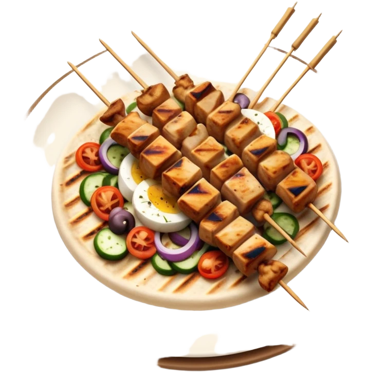 cinematic-realistic-souvlaki-dish-emoji,-showcasing-skewered,-grilled-chicken-with-mediterranean-spices-rendered-with-dynamic-textures-and-warm,-appetizing-lighting on pita bread on a plate emoji