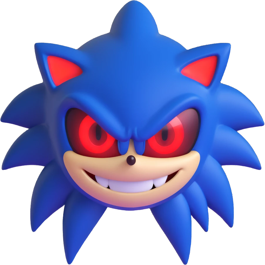 Sonic.exe, the creepy version of Sonic the Hedgehog, with red glowing eyes, sinister smile, and dark aura emoji