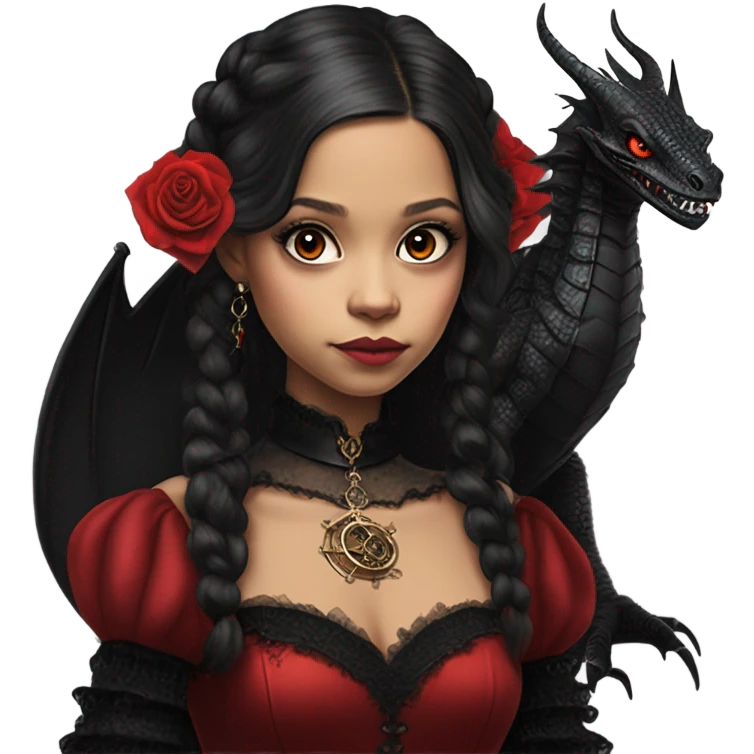 Lavish black evening gown with see-through gloves, Jenna Ortega as Addams woman wearing a steampunk mini tiara, very large blood red evil-looking horned old dragon emoji