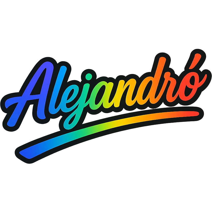The name 'Alejandró' in a modern font with smooth gradient coloring, precise Hungarian characters, dark outline, extra thick and prominent white letter border, dynamic slanted underline, rainbow gradient color scheme, 1000x1000 px, PNG, transparent background. emoji
