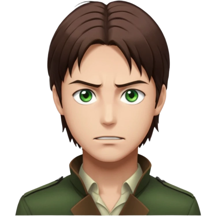 “Make him look like Eren Yeager S3 — long brown hair tied back, strong jawline, sharp green eyes, that cold, intense Eren vibe.” emoji
