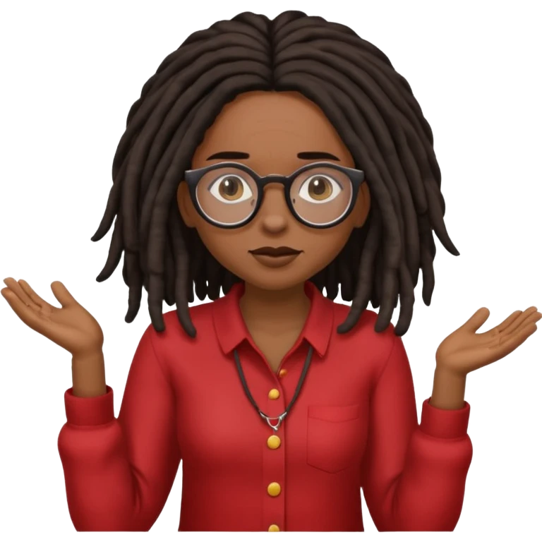 darker skin female with dark dreadlock hair wearing large round glasses shrugging her shoulders emoji