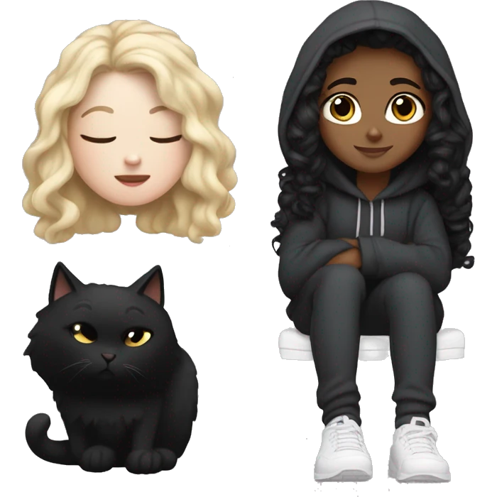 White girl with long curly black hair in a hoodie and sweatpants sitting next to a black cat  emoji