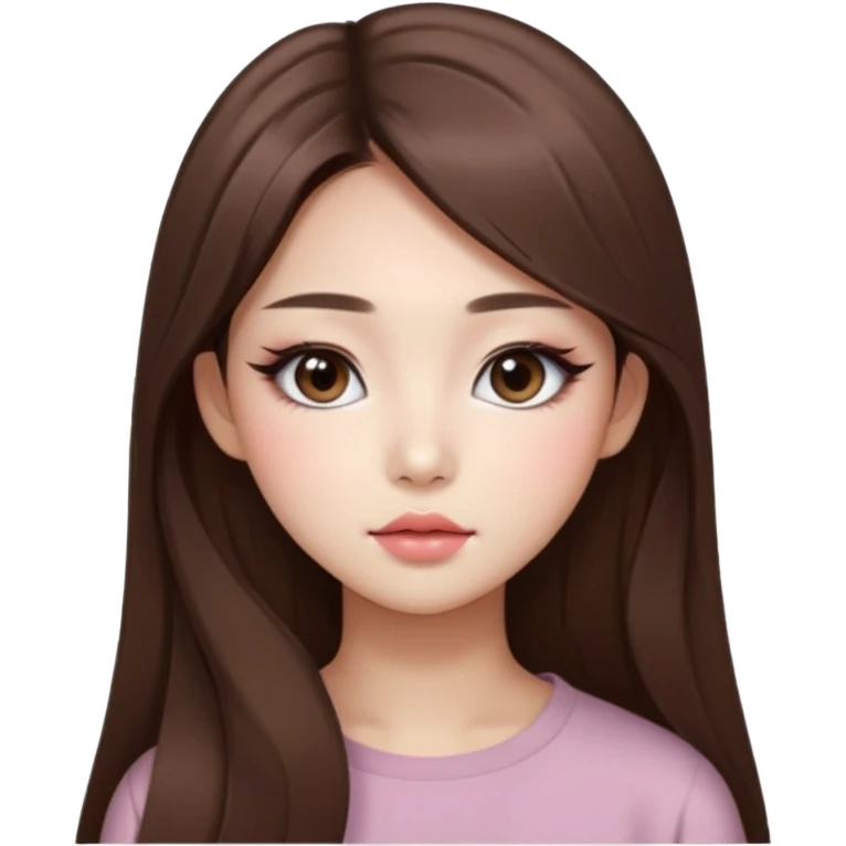 “korean straight long brown hair Emoji girl, soft eyeliner and blush, gradient lips, light brown shimmer eyeshadow emoji