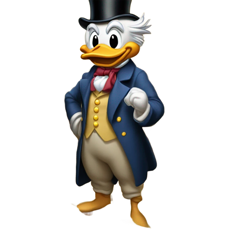 a slim successful looking scrooge mcduck standing atop a pile of money emoji