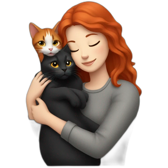 red headed woman hugging black and gray cat emoji