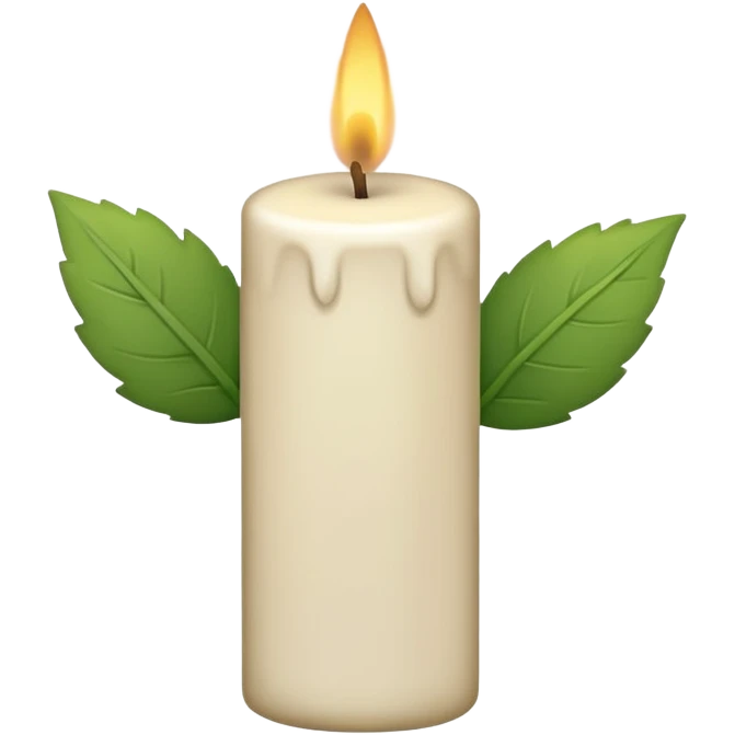 Minimal emoji-style illustration of a candle with a tiny green leaf accent, earthy neutral colors, soft rounded shapes, clean aesthetic look. emoji