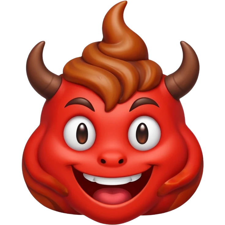 brown swirled poop with small red devil horns, mischievous smile, glossy and simple look emoji