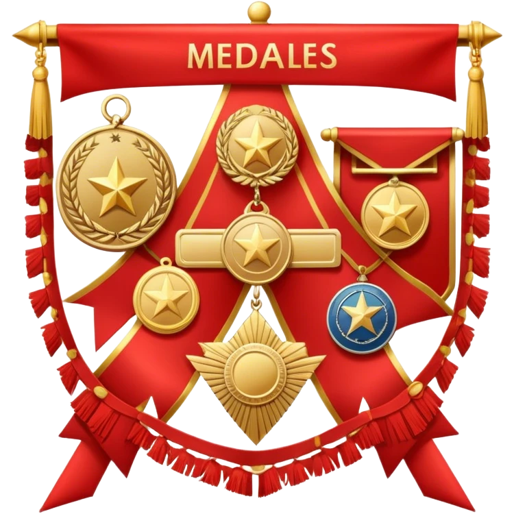 Icon for Collecting Orders, Medals & Badges: a variety of medals, orders and badges displayed on a large red pennant with fringed edges. The icon should convey the prestige and historical value of these collectibles. Transparent background. emoji