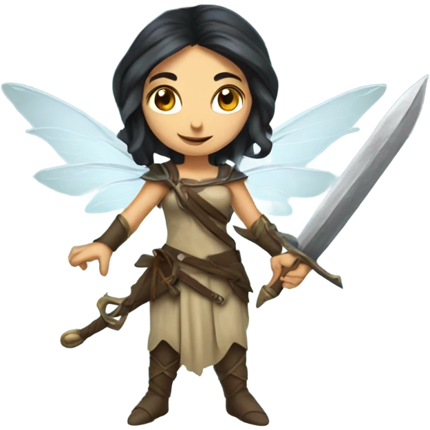 Female middle eastern fairy, wings, pointed elf ears, dark hair, vines, holding medieval sword emoji