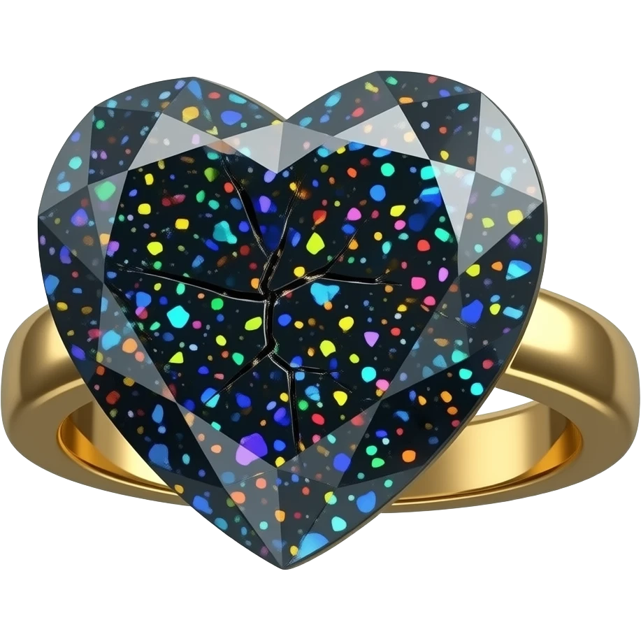 mirco-detailed black opal colorful sparkling broken heart shaped gemstone 14k realistic gold ring, isolated, rendering, 8k hd. No emoji icons no emoji faces  emoji