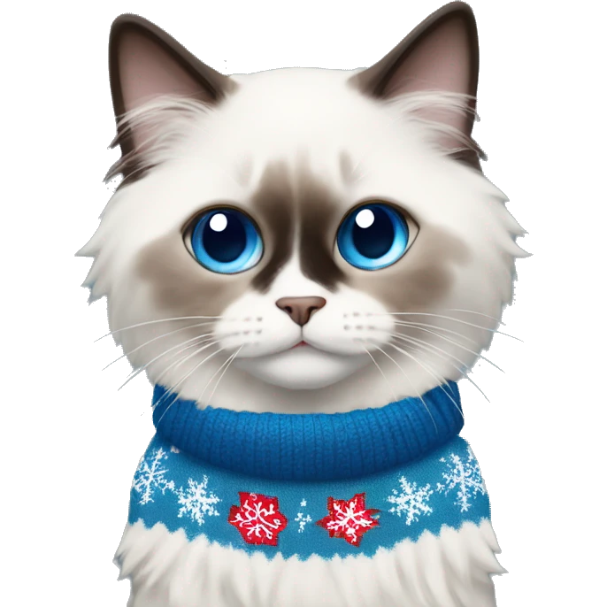 Ragdoll with blue eyes wearing a christmas sweater emoji