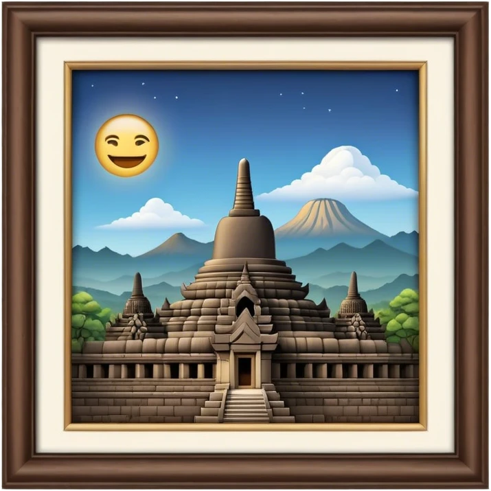 Cinematic Realistic Borobudur Landmark Emoji, showcasing the majestic ancient Buddhist temple rendered with intricate textures and serene, historic lighting. emoji