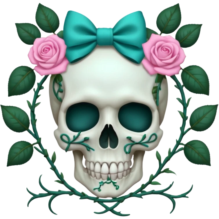 Skull with Pink bow with vines and teal roses emoji
