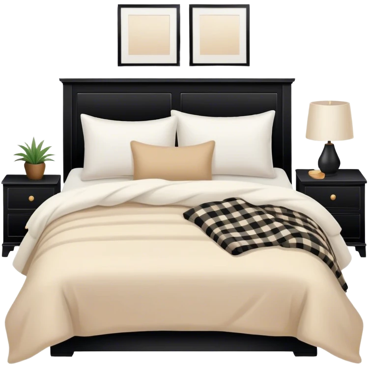 Black bed with pillows and blankets, cozy vibe white and beige emoji