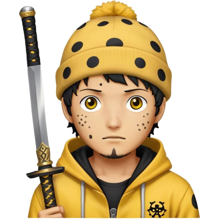 Trafalgar Law with spotted hat, yellow hoodie, nodachi sword emoji
