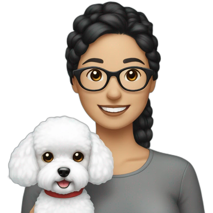 woman-white skin-black hair-bun-with glasses-with bichon dog-white-smile-Christmas emoji