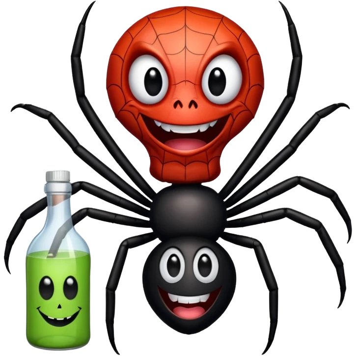 wesoły śmieszny pająk z butelka jadu i podpisem cześć emoji