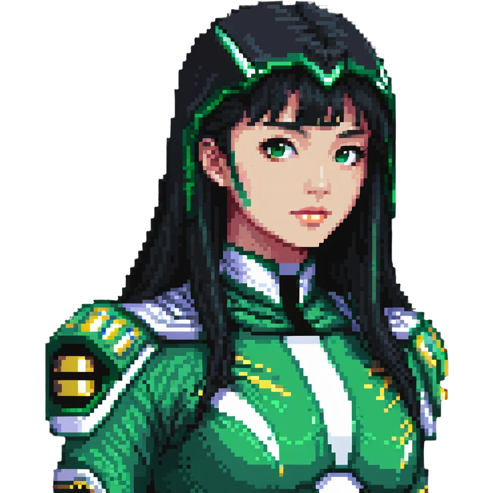 wasian girl in a green Power Ranger suit, black straight hair, black eyes emoji