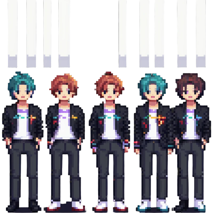 BTS K-pop group pixel art style, each member with signature hairstyle and outfit, performing on stage, colorful lights emoji