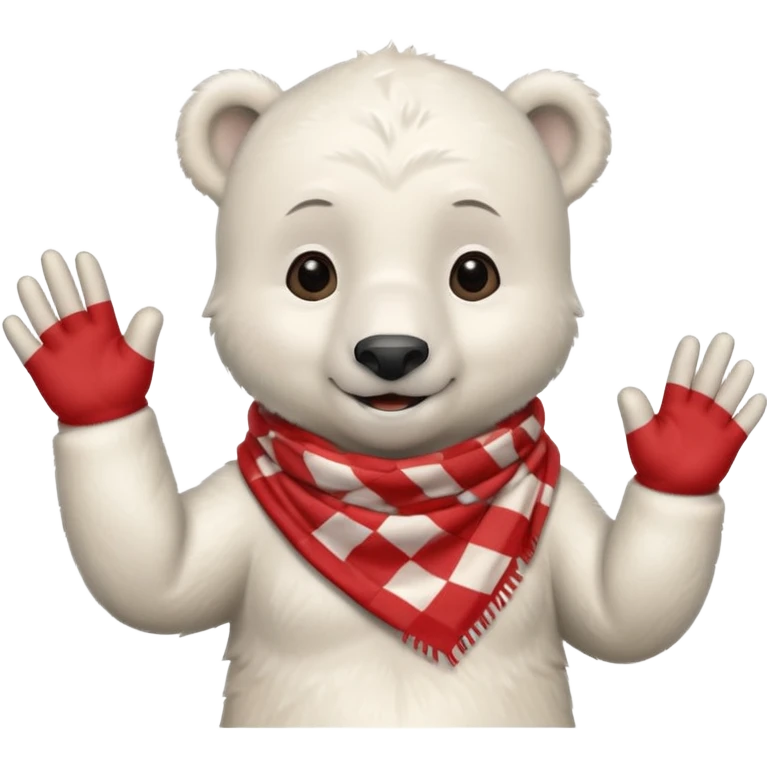 baby Polar Bear, smiling, hi five, wearing red Checkered Triangle scarf emoji