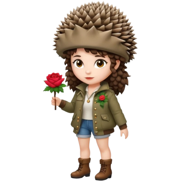 full body woman short curly brown mullet hair brown eyes white skin wearing hedgehog hat and thorny rose jacket emoji