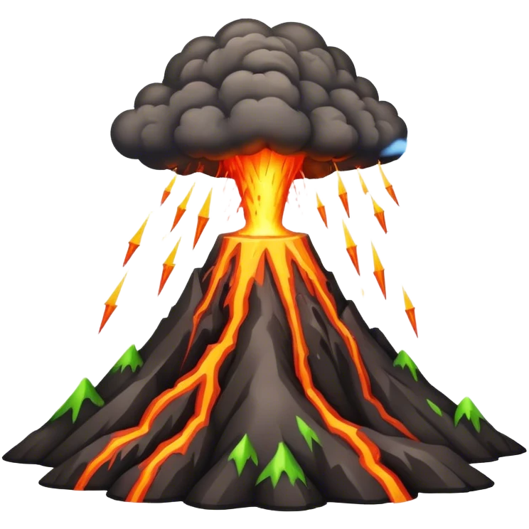A volcano erupting with acid rain and lightning in the background emoji