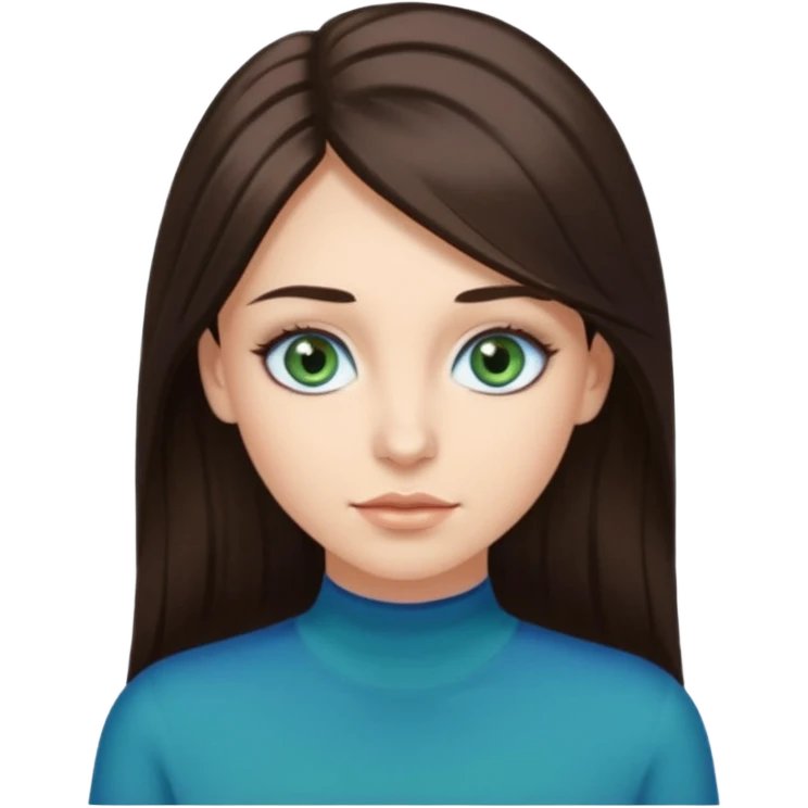 long dark brown hair with highlights in the front, big blue eyes clear skin with neck and green top on add long eyelashes emoji
