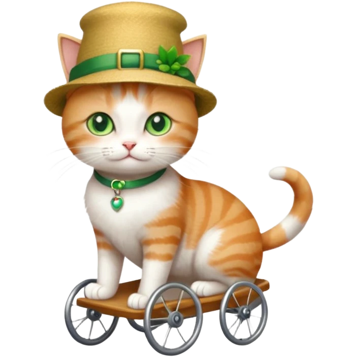 full body small short hair ginger and white cat with green eyes walking in a wheelchair for cats emoji