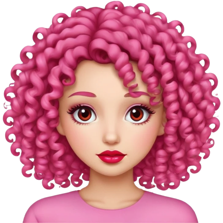 Chica pelo rizado. Labios rojos y pestañas, vestida de rosa  emoji