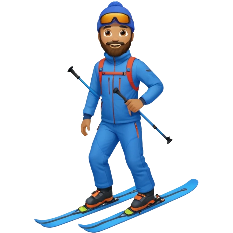 bearded man skiing, blue outfit, smiling. full body view emoji