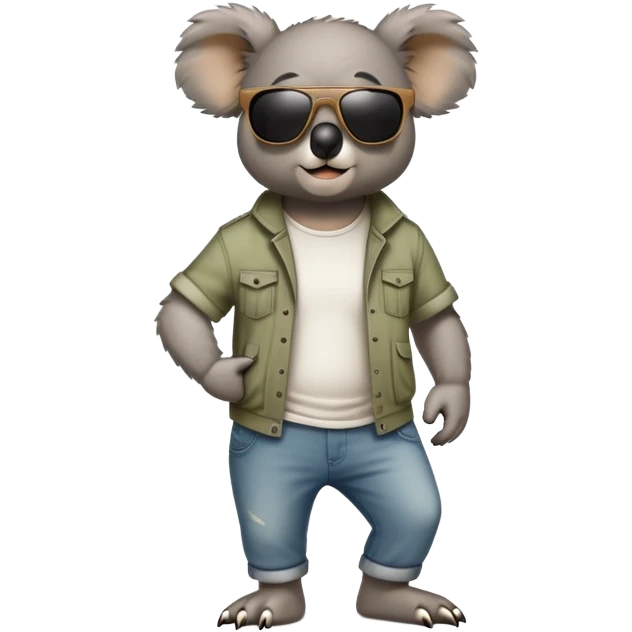 anthropomorphised koala in casual clothing, wearing dark sunglasses, walking upright, looking like a tough guy with a different attitude emoji