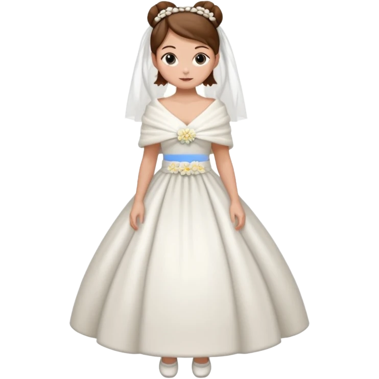 Cuerpo entero, chica blanca, pelo castaño, pelo recogido con mondongos, vestido novia largo  con chal invierno corto,cuerpo entero zapatos emoji