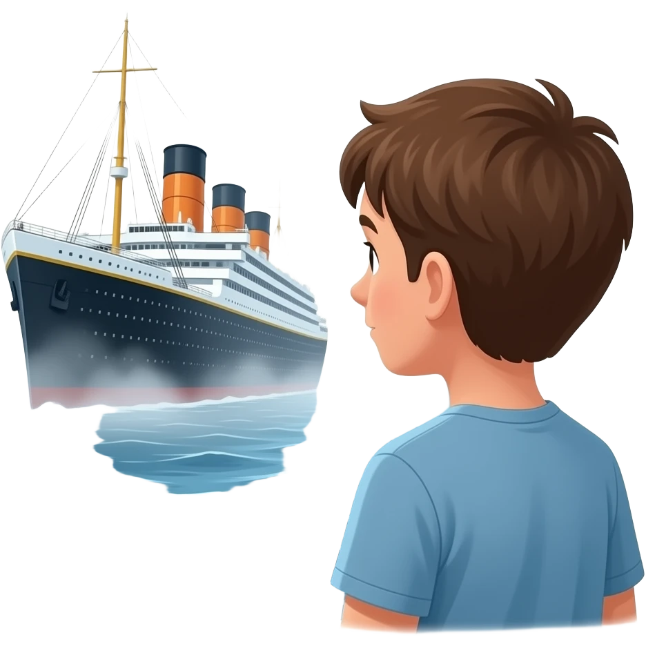 The ghostly ship The Queen Mary floats above the sea while a boy on the shore watches the scene - cut scene emoji