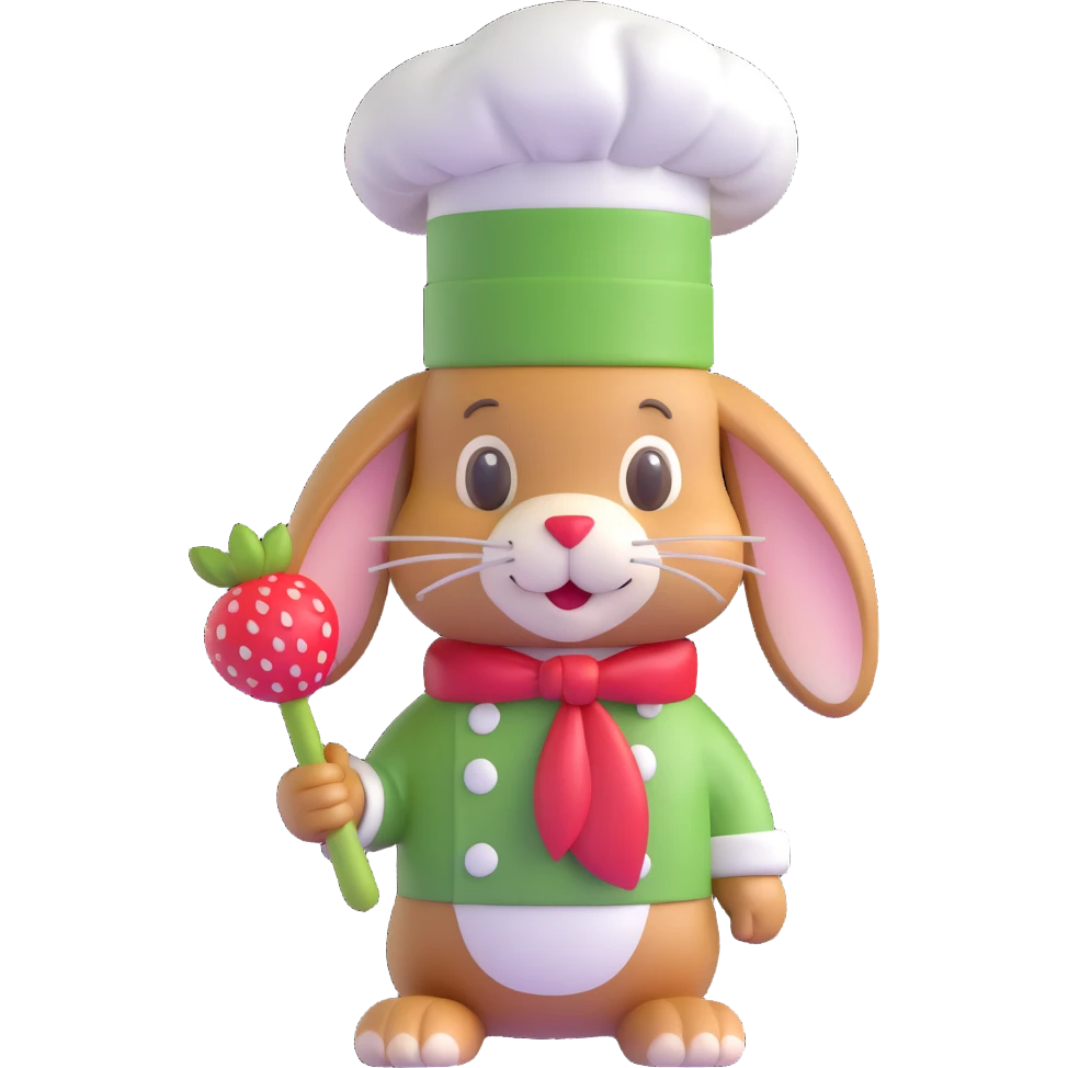 A 3D iOS 18-style bunny wearing a green chef hat with white polka dots and a red strawberry. The bunny should have a light brown fur texture with darker brown ears and a cute, friendly expression. emoji
