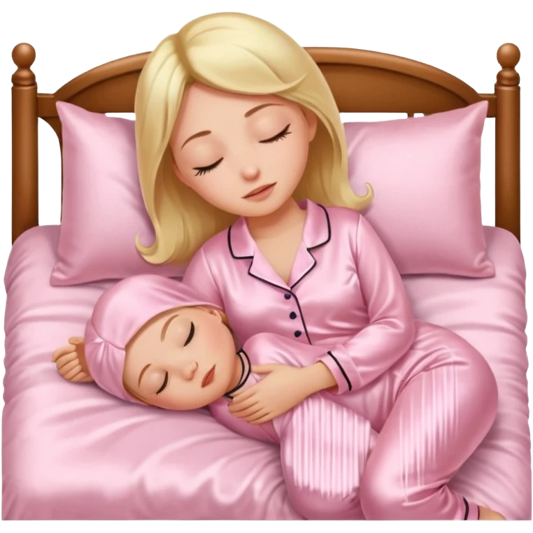 Mulher dormindo de pijama na sua cama de cetim rosa bebê emoji