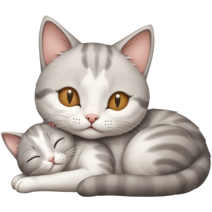 grey and white small cat with its eyes closed lying down with its paw curled and holding up his head emoji