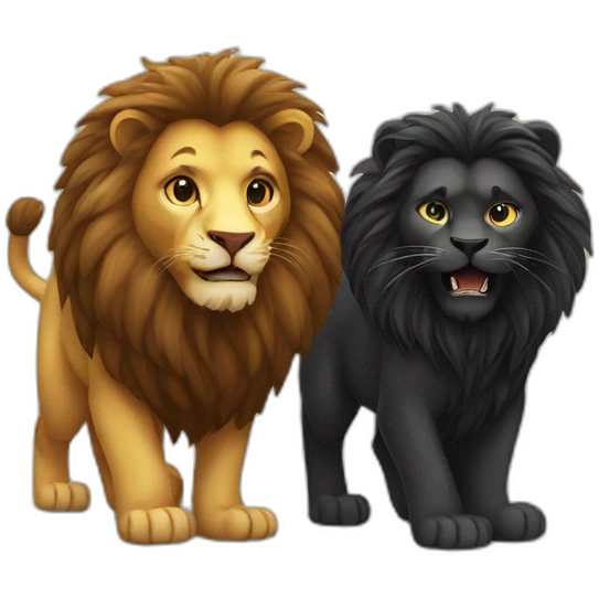 Black small cat and big lion playing emoji